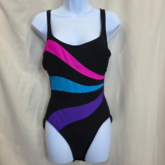 The Slimsuit Black One Piece Swimsuit Size 12 Retro 80s 90s Color Block - Picture 1 of 10